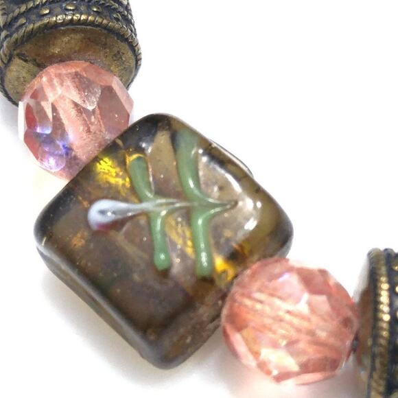 Handmade Art Bead Necklace,  Pink Czech Beads, Brass Barrel Bead, Handmade, 20" - Picture 4 of 8